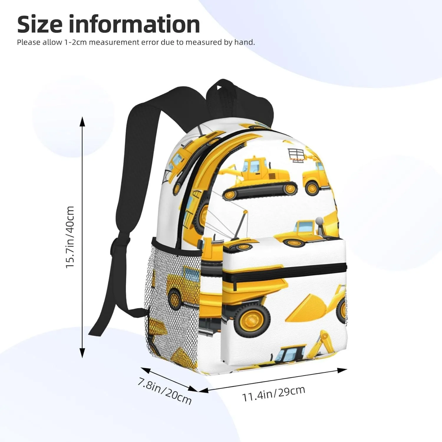 Construction Trucks Crane Bulldozer Backpack, Travel Laptop Backpack Computer Bag Rucksack for Men Women Business Work Fits 15.6 Inch Notebook