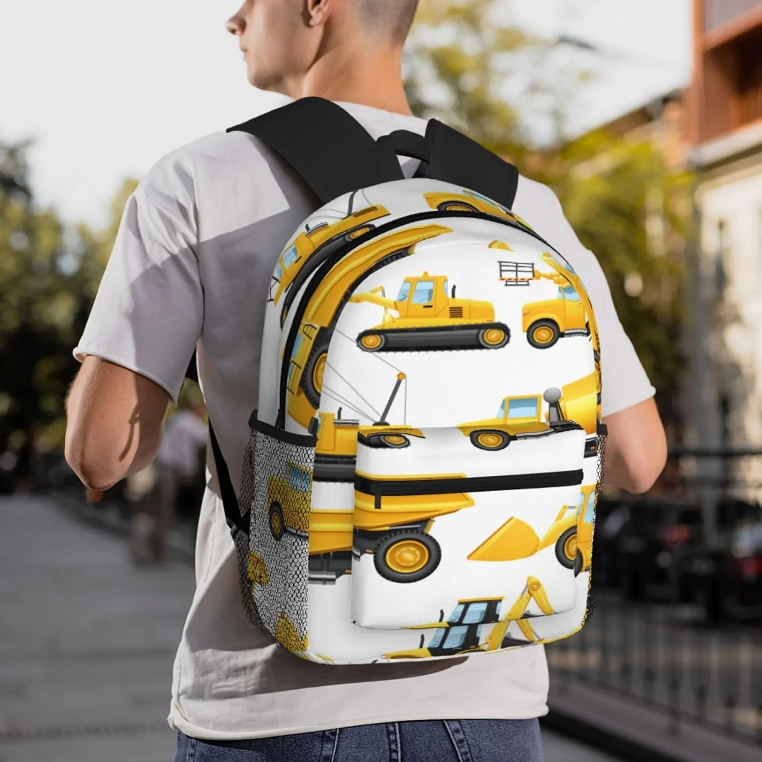 Construction Trucks Crane Bulldozer Backpack, Travel Laptop Backpack Computer Bag Rucksack for Men Women Business Work Fits 15.6 Inch Notebook
