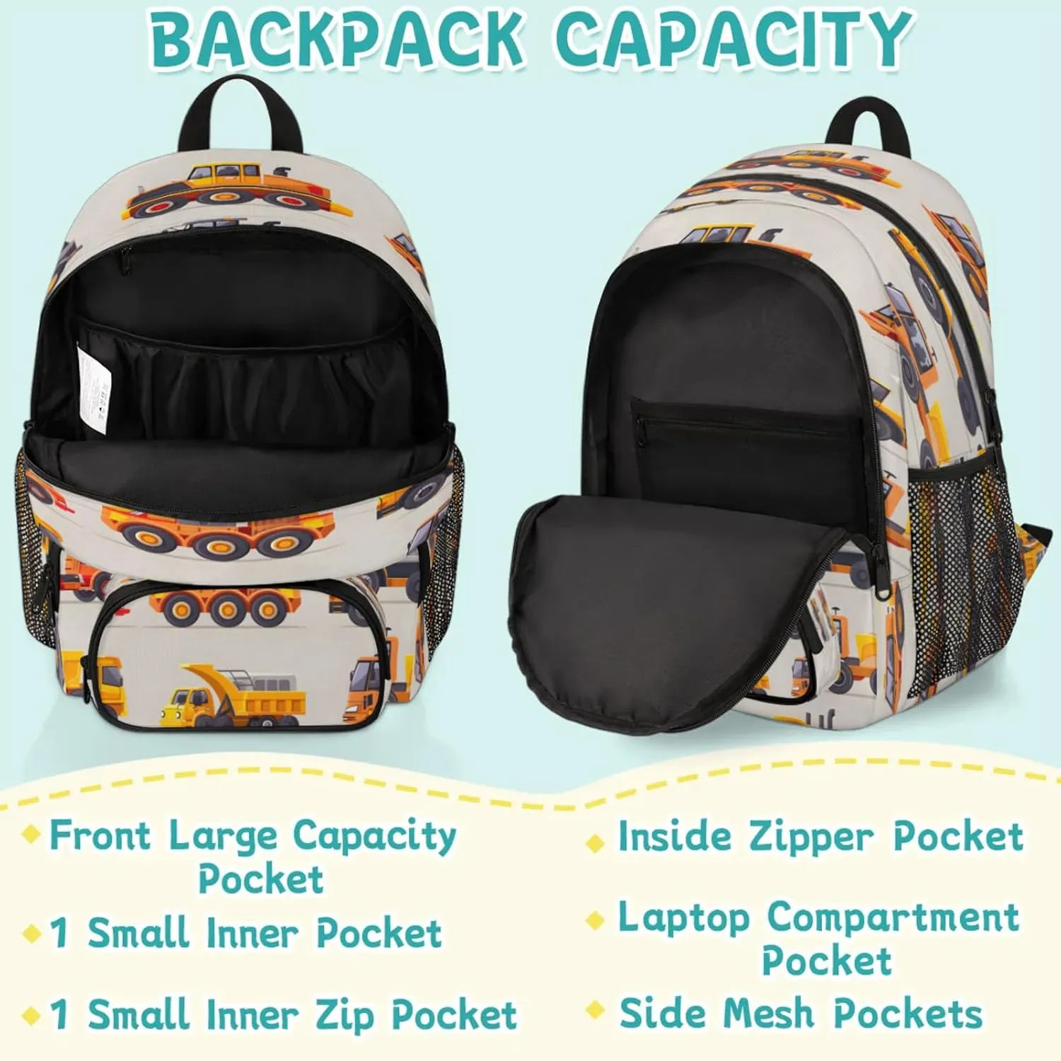 Construction Vehicle Laptop Backpack, Cartoon Car Excavator 16.7" Lightweight Travel Back Pack for Women Men Work Weekend Rucksack Laptop Bag