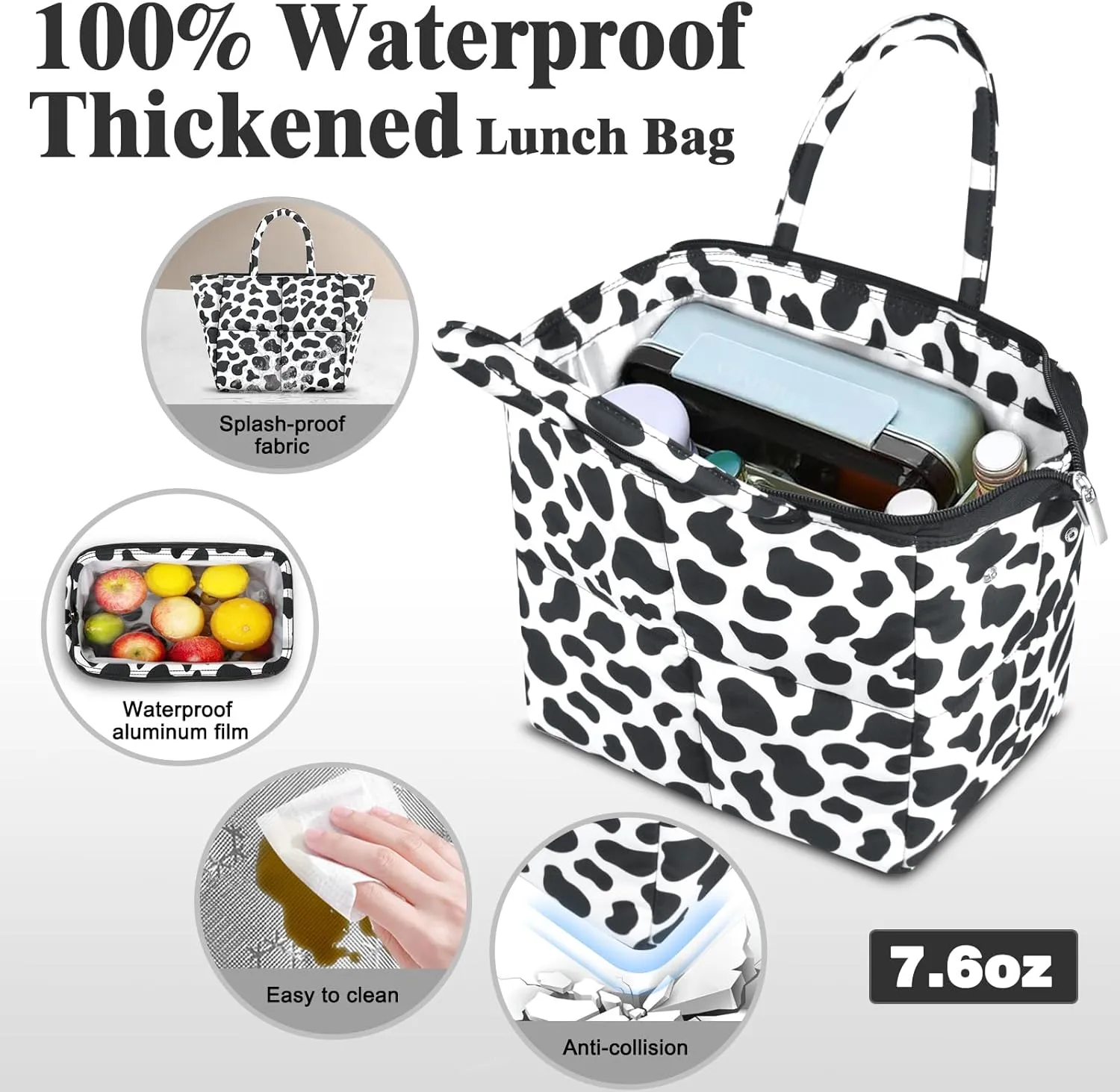 Coobiiya Stylish Quilted Puffer Lunch Box Lunch Bag for Women Men, Ultralight Thickened Leakproof Lunch Cooler Tote, Adult Small Cute Reusable Insulated Lunch Box for Work, Office, Travel (Cow)