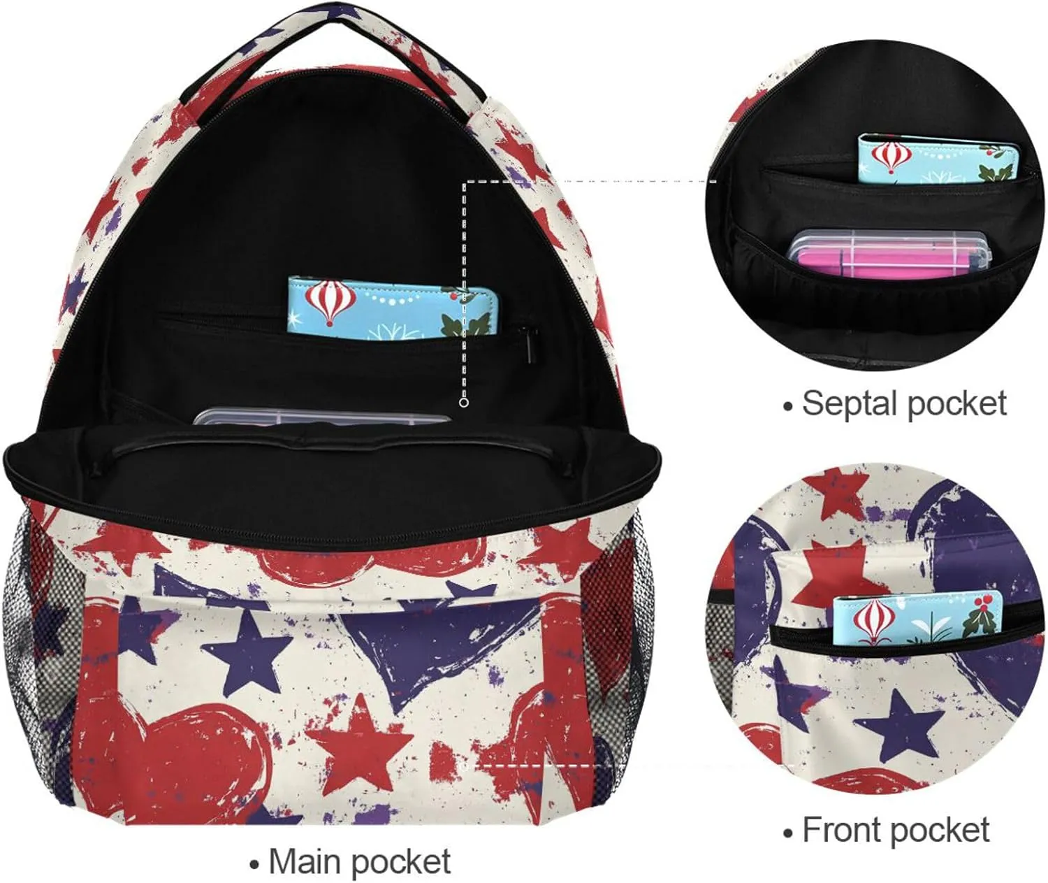 Cool Backpacks for Men Women Fashion Personal Backpack with Chest Strap for Travel Trip Purple Heart Day Red and Blue Stars