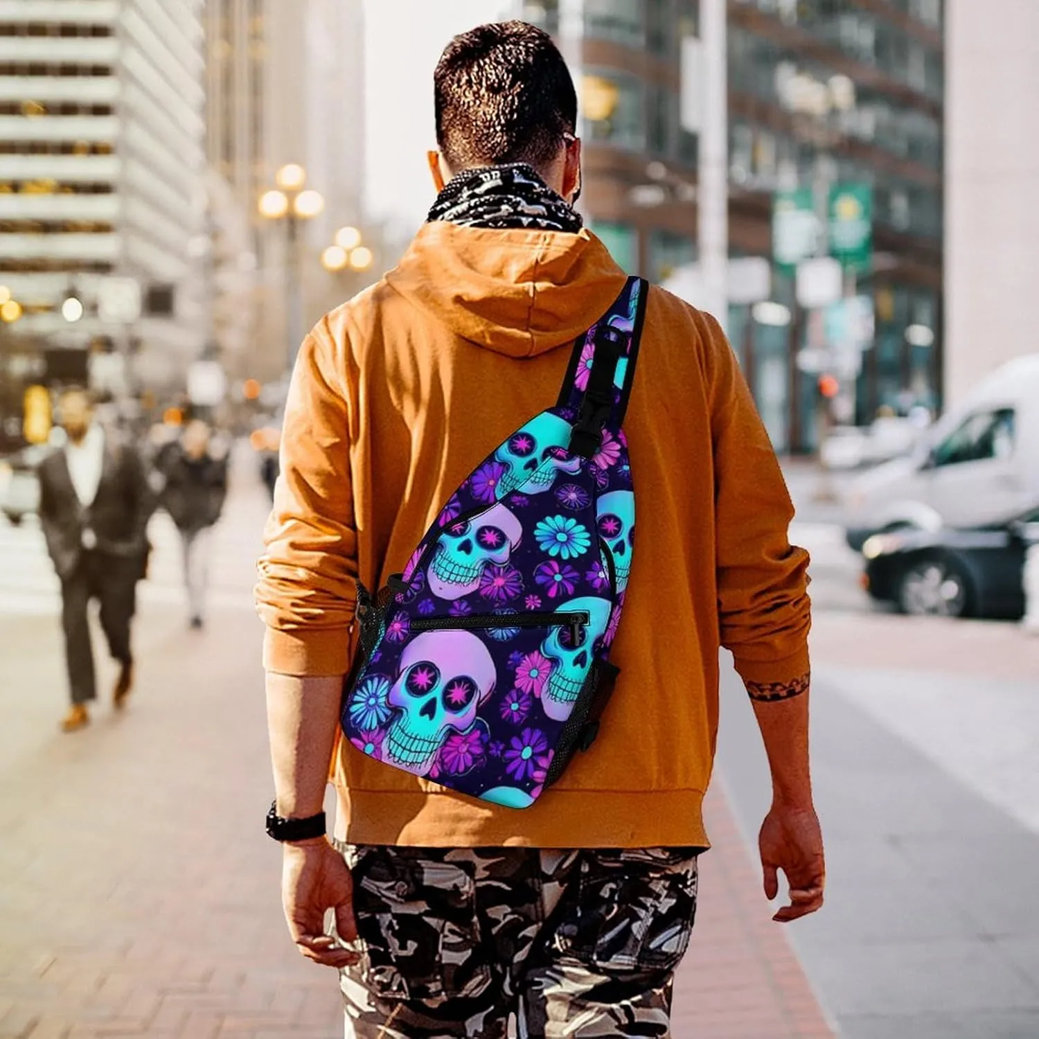 Cool Chest Bag for Men Women, Adjustable Neon Purple Flowers Floral Skull Crossbody Backpack Unisex Shoulder Bags Sling Bag with Multi-pockets and Buckles for Travel