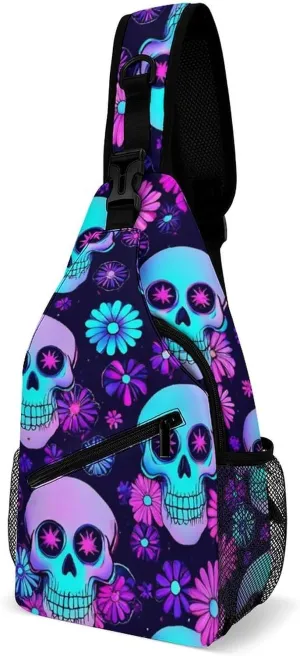 Cool Chest Bag for Men Women, Adjustable Neon Purple Flowers Floral Skull Crossbody Backpack Unisex Shoulder Bags Sling Bag with Multi-pockets and Buckles for Travel