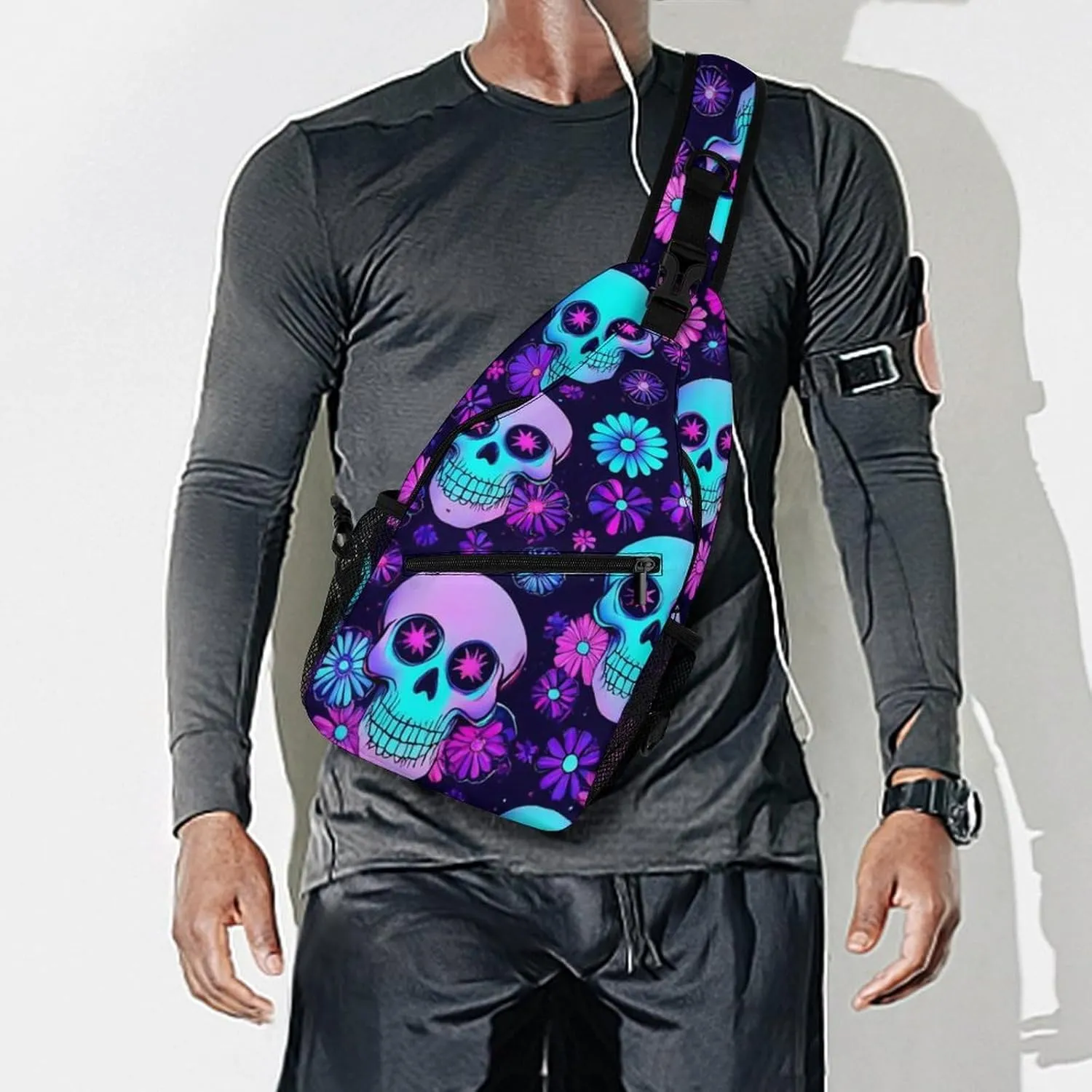 Cool Chest Bag for Men Women, Adjustable Neon Purple Flowers Floral Skull Crossbody Backpack Unisex Shoulder Bags Sling Bag with Multi-pockets and Buckles for Travel