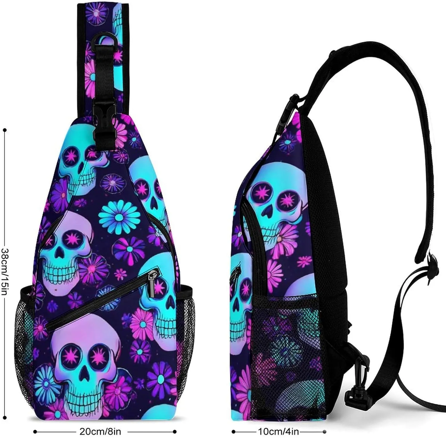Cool Chest Bag for Men Women, Adjustable Neon Purple Flowers Floral Skull Crossbody Backpack Unisex Shoulder Bags Sling Bag with Multi-pockets and Buckles for Travel
