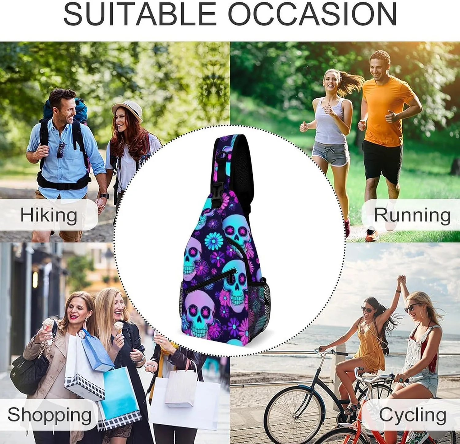 Cool Chest Bag for Men Women, Adjustable Neon Purple Flowers Floral Skull Crossbody Backpack Unisex Shoulder Bags Sling Bag with Multi-pockets and Buckles for Travel