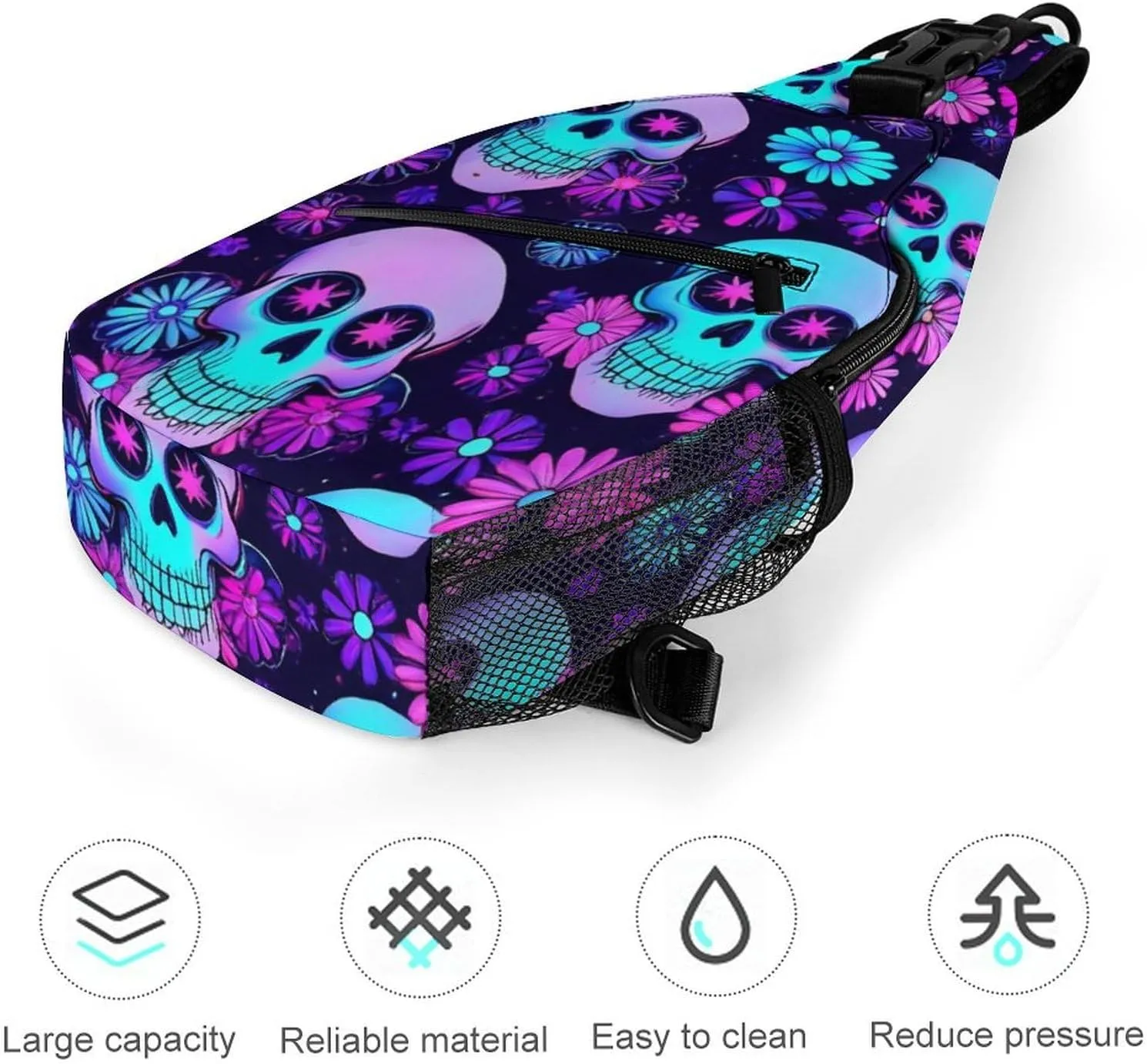 Cool Chest Bag for Men Women, Adjustable Neon Purple Flowers Floral Skull Crossbody Backpack Unisex Shoulder Bags Sling Bag with Multi-pockets and Buckles for Travel