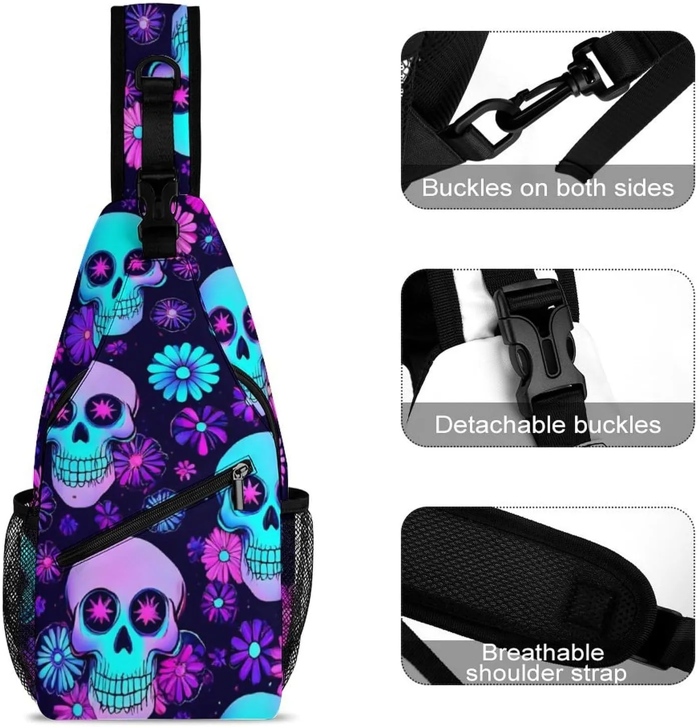 Cool Chest Bag for Men Women, Adjustable Neon Purple Flowers Floral Skull Crossbody Backpack Unisex Shoulder Bags Sling Bag with Multi-pockets and Buckles for Travel