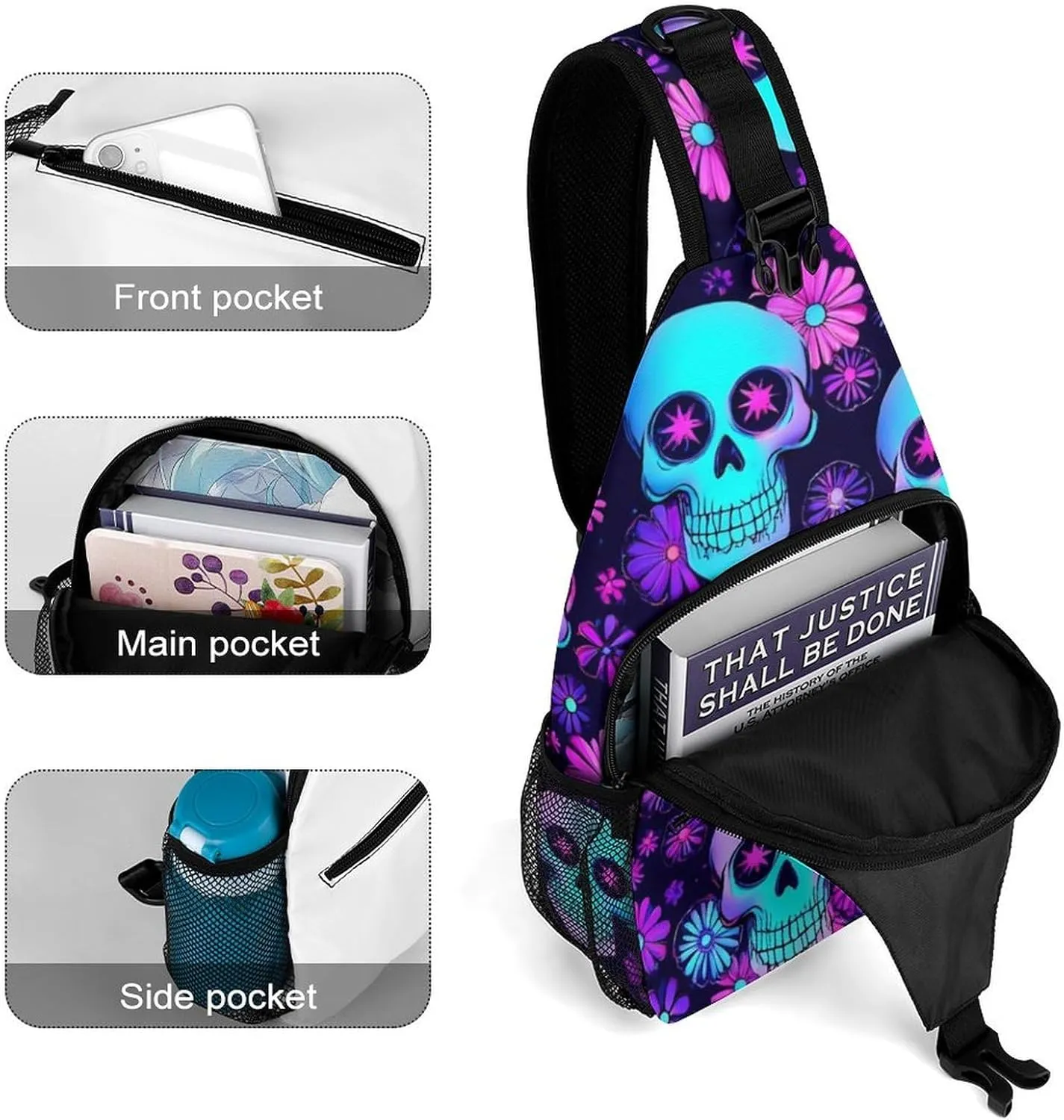 Cool Chest Bag for Men Women, Adjustable Neon Purple Flowers Floral Skull Crossbody Backpack Unisex Shoulder Bags Sling Bag with Multi-pockets and Buckles for Travel