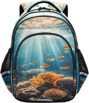 Coral Reef with Fish Swimming Backpacks Elementary School Shoulder Bag Bookbag for Girls Kids Boys, Small