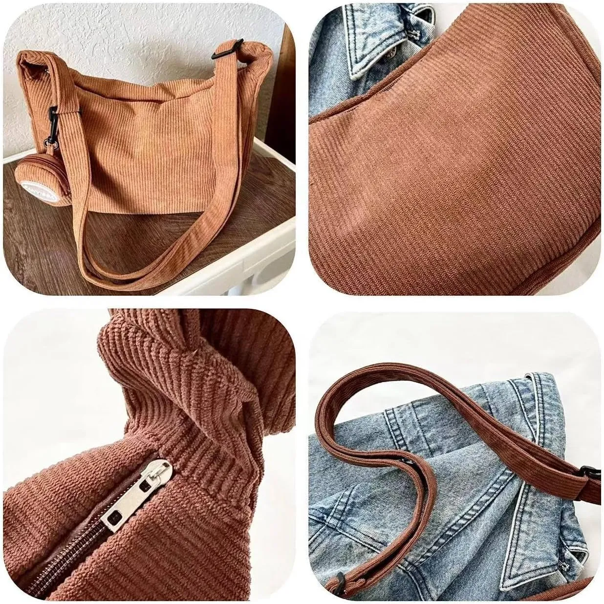 Corduroy Tote Bag Crossbody Shoulder Handbags with Zipper and Cute Purse for Women Men School Travel Essentials