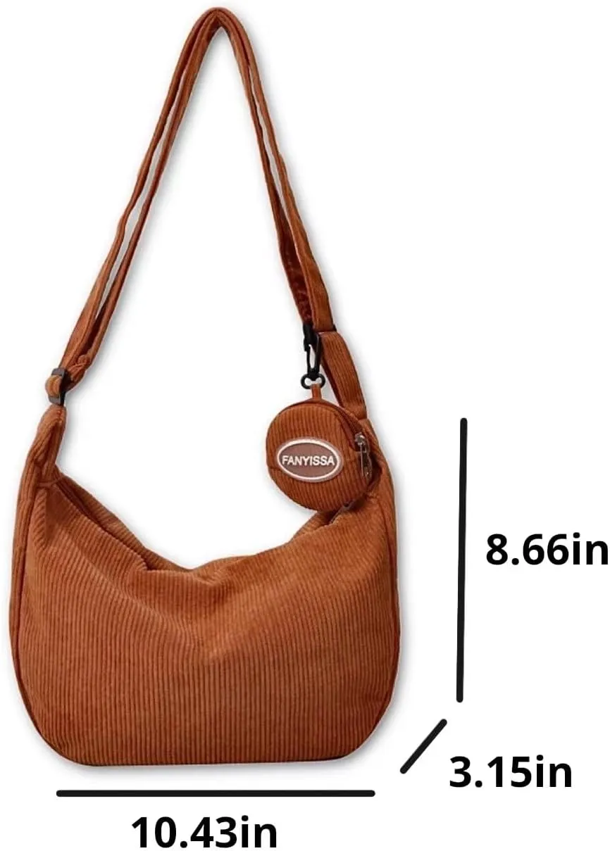 Corduroy Tote Bag Crossbody Shoulder Handbags with Zipper and Cute Purse for Women Men School Travel Essentials