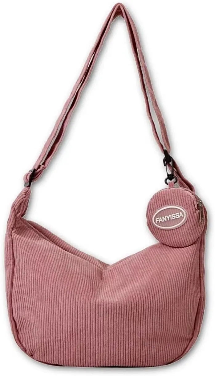 Corduroy Tote Bag Crossbody Shoulder Handbags with Zipper and Cute Purse for Women Men School Travel Essentials