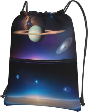 Cosmic Saturn Print Drawstring Backpack â€“ Adjustable Lightweight Gym Bag for Sports, Yoga, Travel, and Hiking