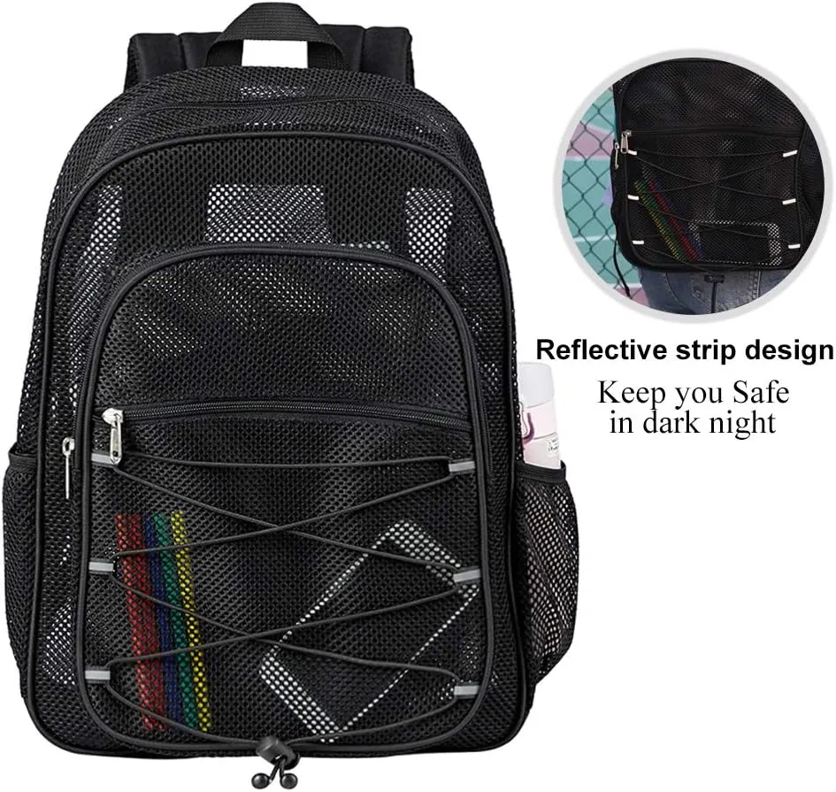 COVAX Heavy Duty Mesh Backpack, See Through College Backpack, Semi-transparent Mesh Bookbag with Bungee and Comfort Padded Straps for Commuting, Swimming, Beach, Outdoor Sports