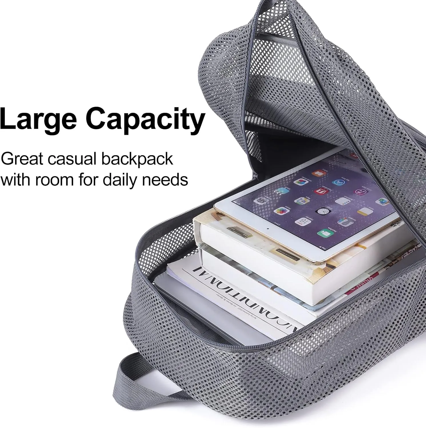 COVAX Heavy Duty Mesh Backpack, Semi-transparent Mesh Bookbag,See Through College Backpack with Bungee and Comfort Padded Straps for Commuting, Swimming, Beach, Outdoor Sports (Grey)