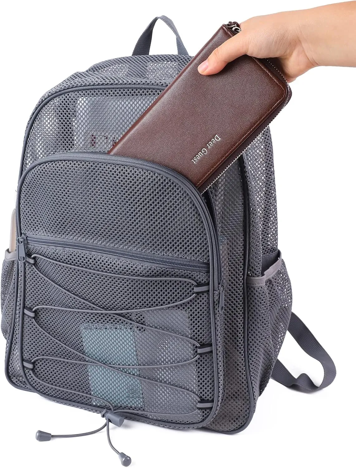 COVAX Heavy Duty Mesh Backpack, Semi-transparent Mesh Bookbag,See Through College Backpack with Bungee and Comfort Padded Straps for Commuting, Swimming, Beach, Outdoor Sports (Grey)