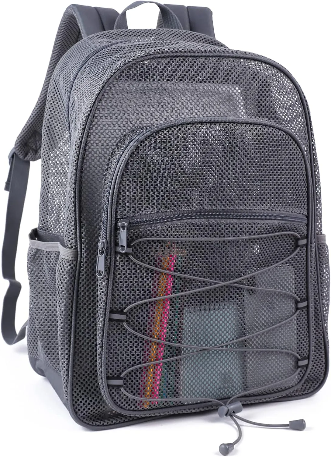 COVAX Heavy Duty Mesh Backpack, Semi-transparent Mesh Bookbag,See Through College Backpack with Bungee and Comfort Padded Straps for Commuting, Swimming, Beach, Outdoor Sports (Grey)