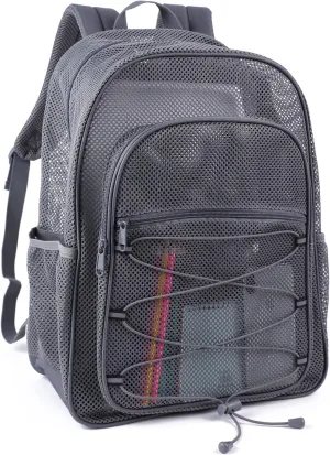 COVAX Heavy Duty Mesh Backpack, Semi-transparent Mesh Bookbag,See Through College Backpack with Bungee and Comfort Padded Straps for Commuting, Swimming, Beach, Outdoor Sports (Grey)