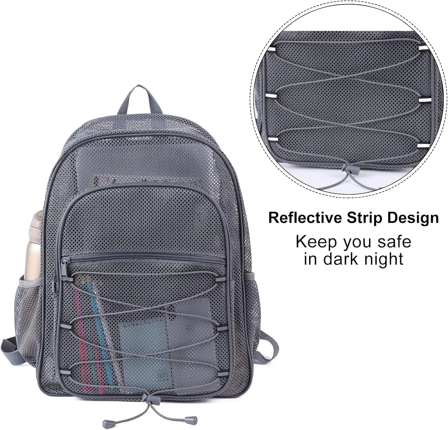 COVAX Heavy Duty Mesh Backpack, Semi-transparent Mesh Bookbag,See Through College Backpack with Bungee and Comfort Padded Straps for Commuting, Swimming, Beach, Outdoor Sports (Grey)