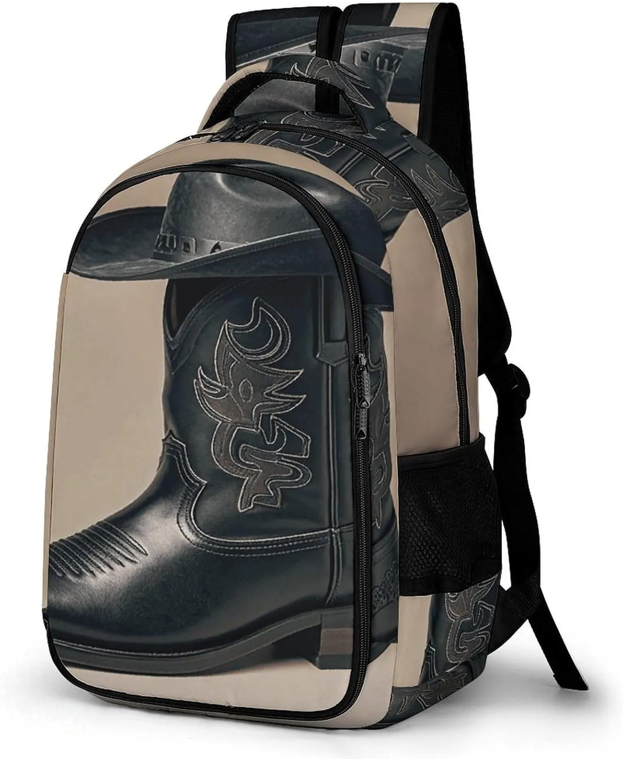Cowboy Black Hat Western Boots Travel Backpack Adjustable Computer Bag Casual Travel Daypack Satchel Backpack Unisex