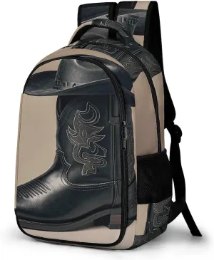 Cowboy Black Hat Western Boots Travel Backpack Adjustable Computer Bag Casual Travel Daypack Satchel Backpack Unisex