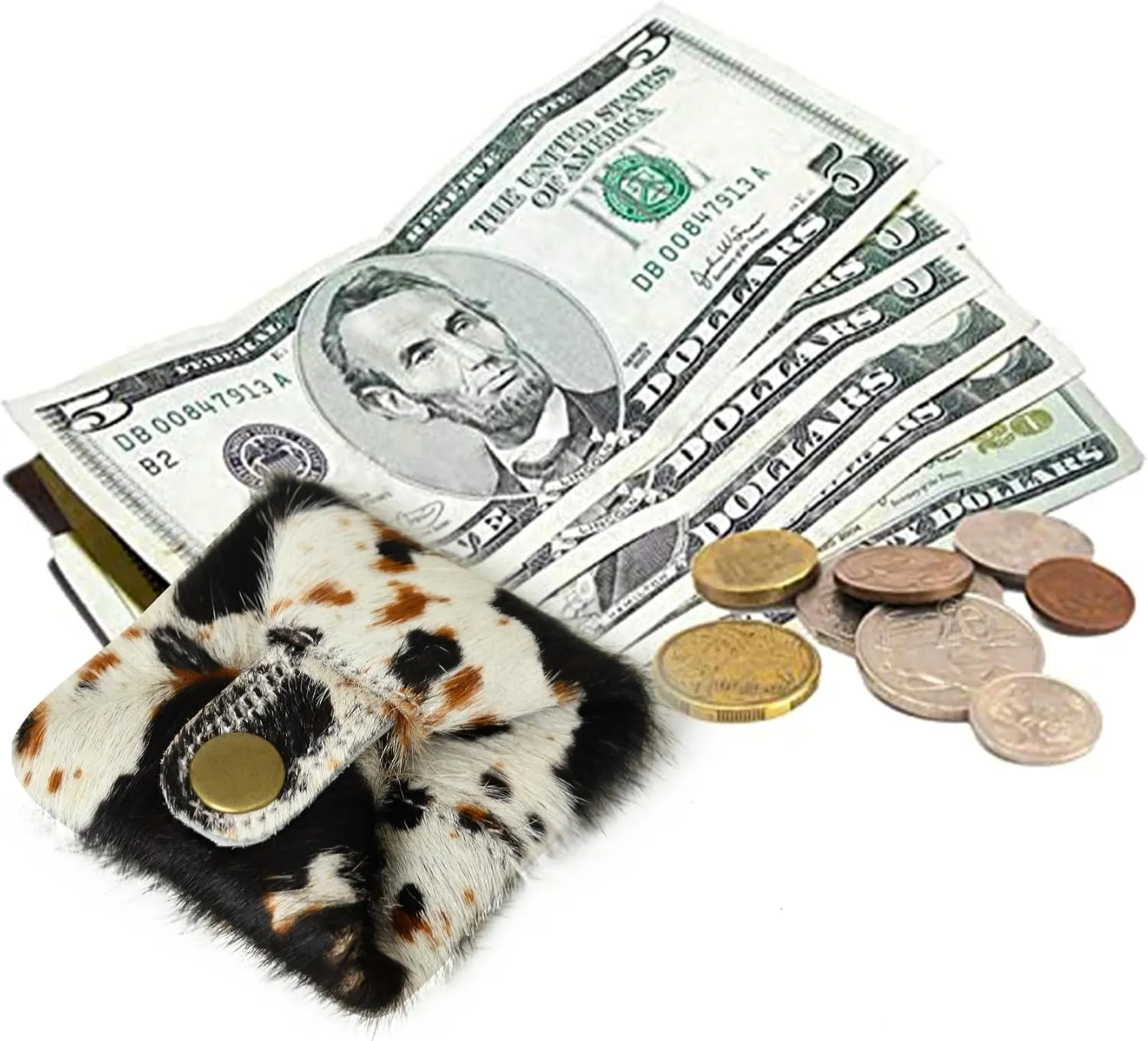 Cowhide Coin Purse Change Holder Mini Pouch for Women Hairon Leather Cow Print (Salt & Pepper)
