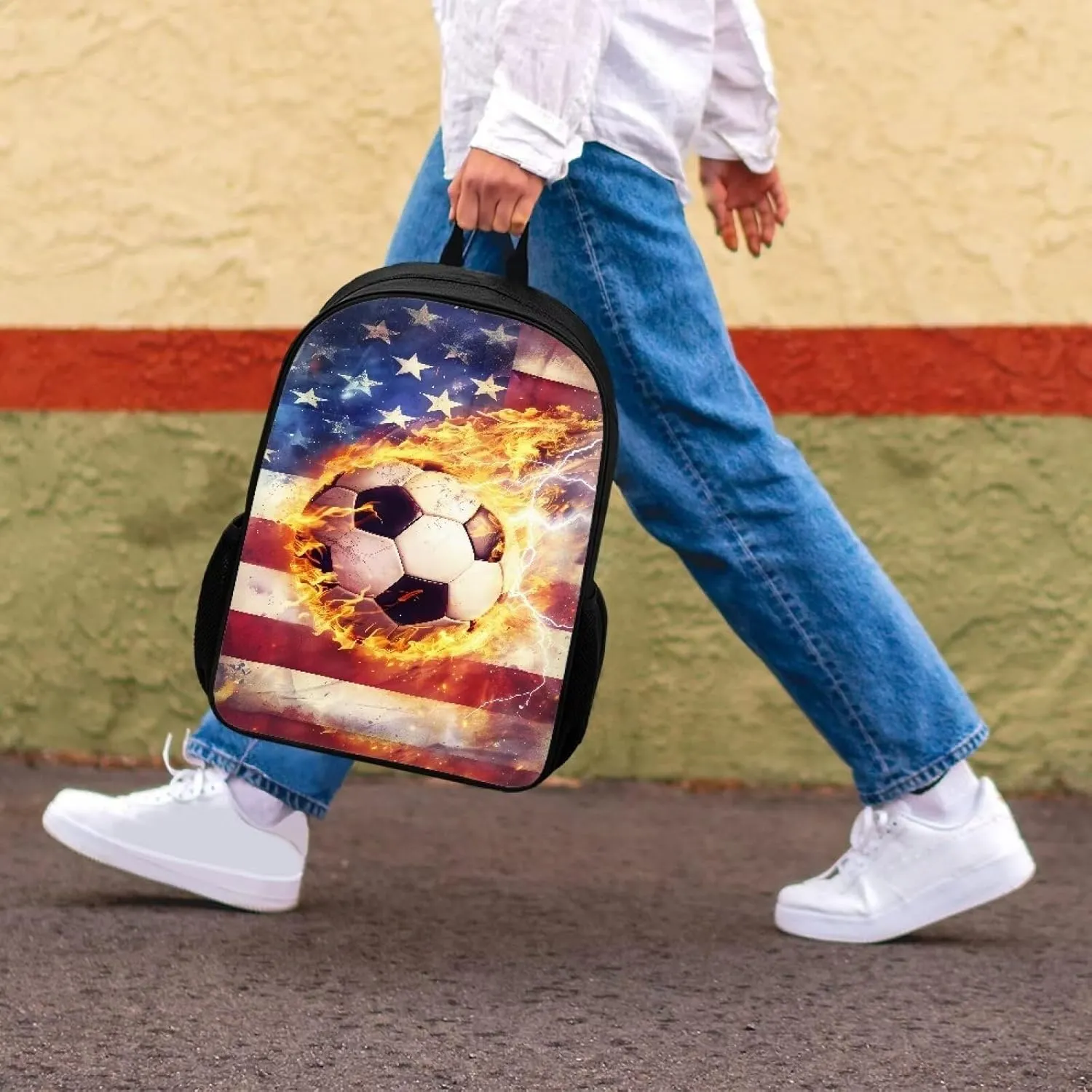 Cozeyat Shoulder Bag for School,Travel,Softy Backpacks School Bags for Teenagers,Stylish Daily Satchels,Breath Book Bag,Flag Fire Football Print