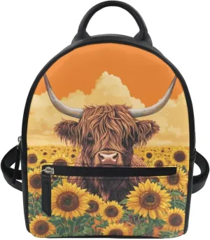Cozeyat Sunflower Highland Cow Print Mini Backpack Purse for Women Teen Girls Small Fashion Bag Teens Cute Casual School Bookbag Ladies Fashion Shoulder Handbag Tote Casual Travel Daypack