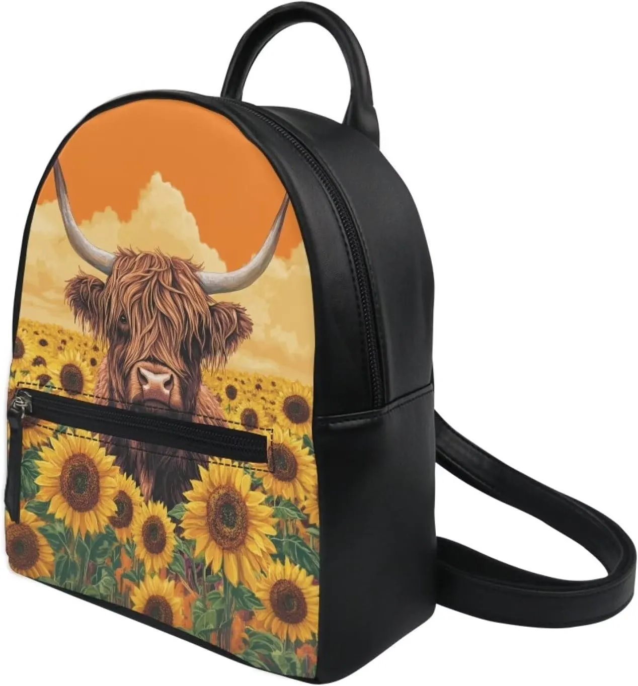 Cozeyat Sunflower Highland Cow Print Mini Backpack Purse for Women Teen Girls Small Fashion Bag Teens Cute Casual School Bookbag Ladies Fashion Shoulder Handbag Tote Casual Travel Daypack