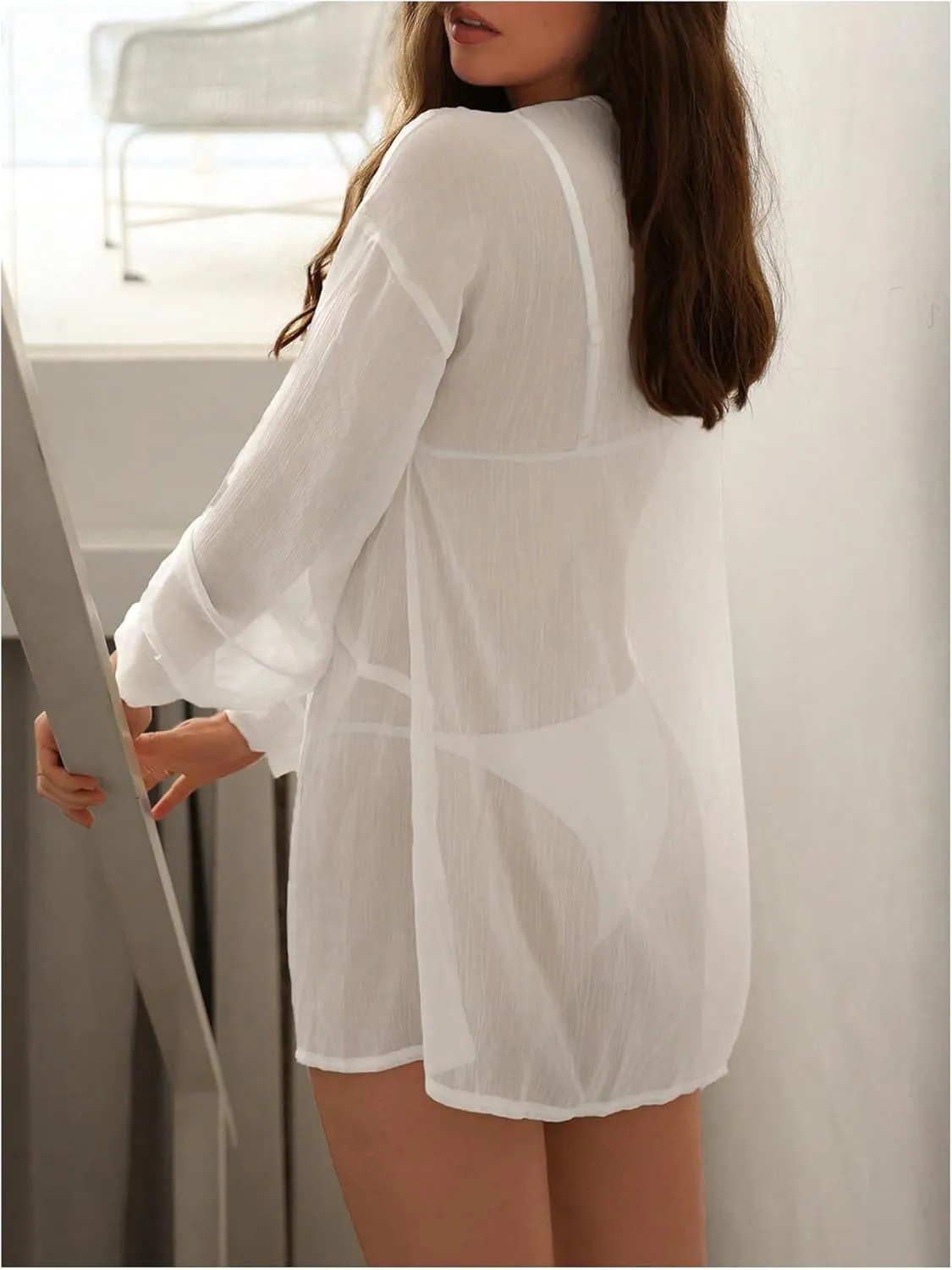 COZYEASE Women's Sheer Mesh Long Sleeve Bathing Suit Cover Ups Bow Tie Front Kimono Robes