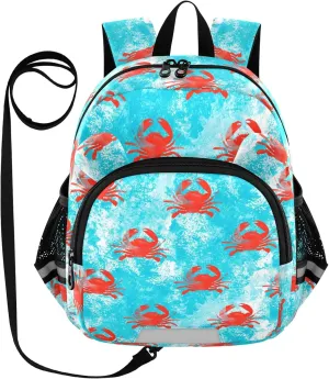 Crab Swims Preschool Backpack Ocean Watercolor Daycare Bookbag School Backpack with Traction Rope for Kids 3-6