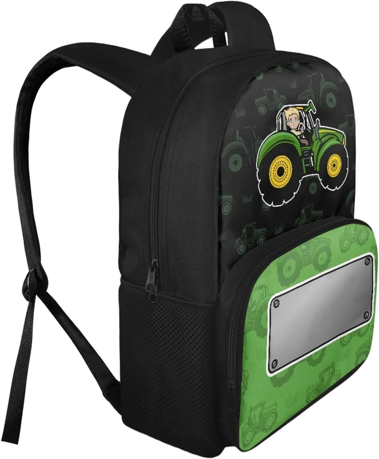 Creative Tractor Print Green Small Kids Backpack for Toddler Ages 4-6, 15.7x11x6.3 In Bookbag with Side Mesh Pockets, Adjustable Shoulder Straps, Bag for Learn Supplies & Birthday Gifts