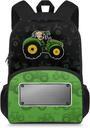 Creative Tractor Print Green Small Kids Backpack for Toddler Ages 4-6, 15.7x11x6.3 In Bookbag with Side Mesh Pockets, Adjustable Shoulder Straps, Bag for Learn Supplies & Birthday Gifts