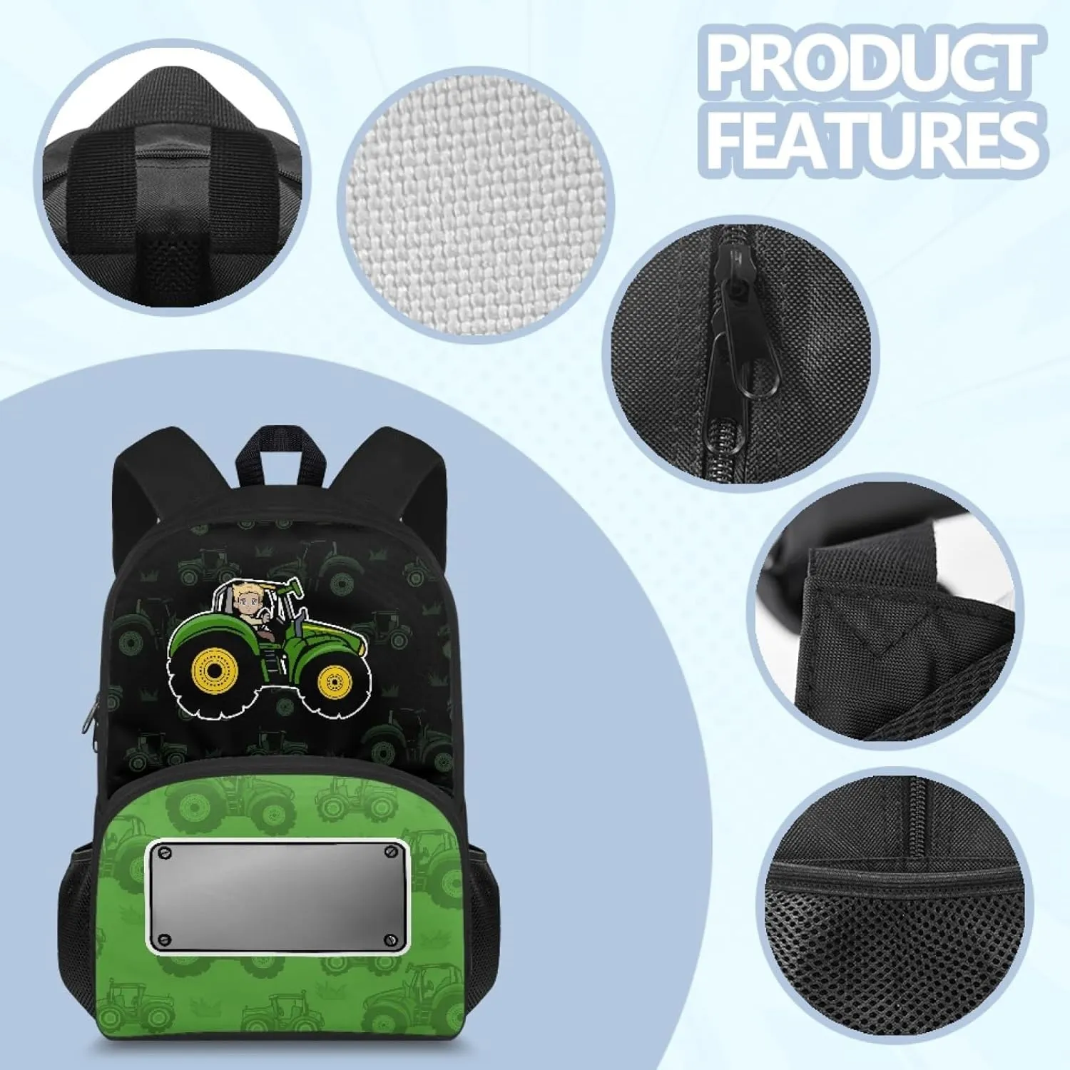 Creative Tractor Print Green Small Kids Backpack for Toddler Ages 4-6, 15.7x11x6.3 In Bookbag with Side Mesh Pockets, Adjustable Shoulder Straps, Bag for Learn Supplies & Birthday Gifts