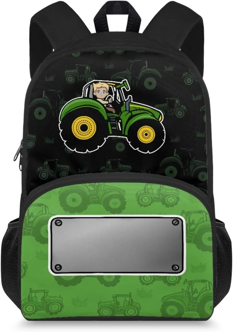 Creative Tractor Print Green Small Kids Backpack for Toddler Ages 4-6, 15.7x11x6.3 In Bookbag with Side Mesh Pockets, Adjustable Shoulder Straps, Bag for Learn Supplies & Birthday Gifts