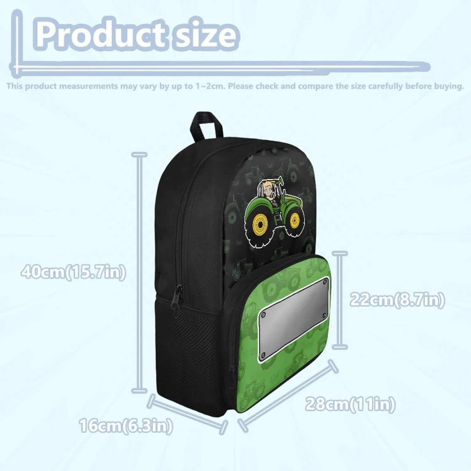 Creative Tractor Print Green Small Kids Backpack for Toddler Ages 4-6, 15.7x11x6.3 In Bookbag with Side Mesh Pockets, Adjustable Shoulder Straps, Bag for Learn Supplies & Birthday Gifts