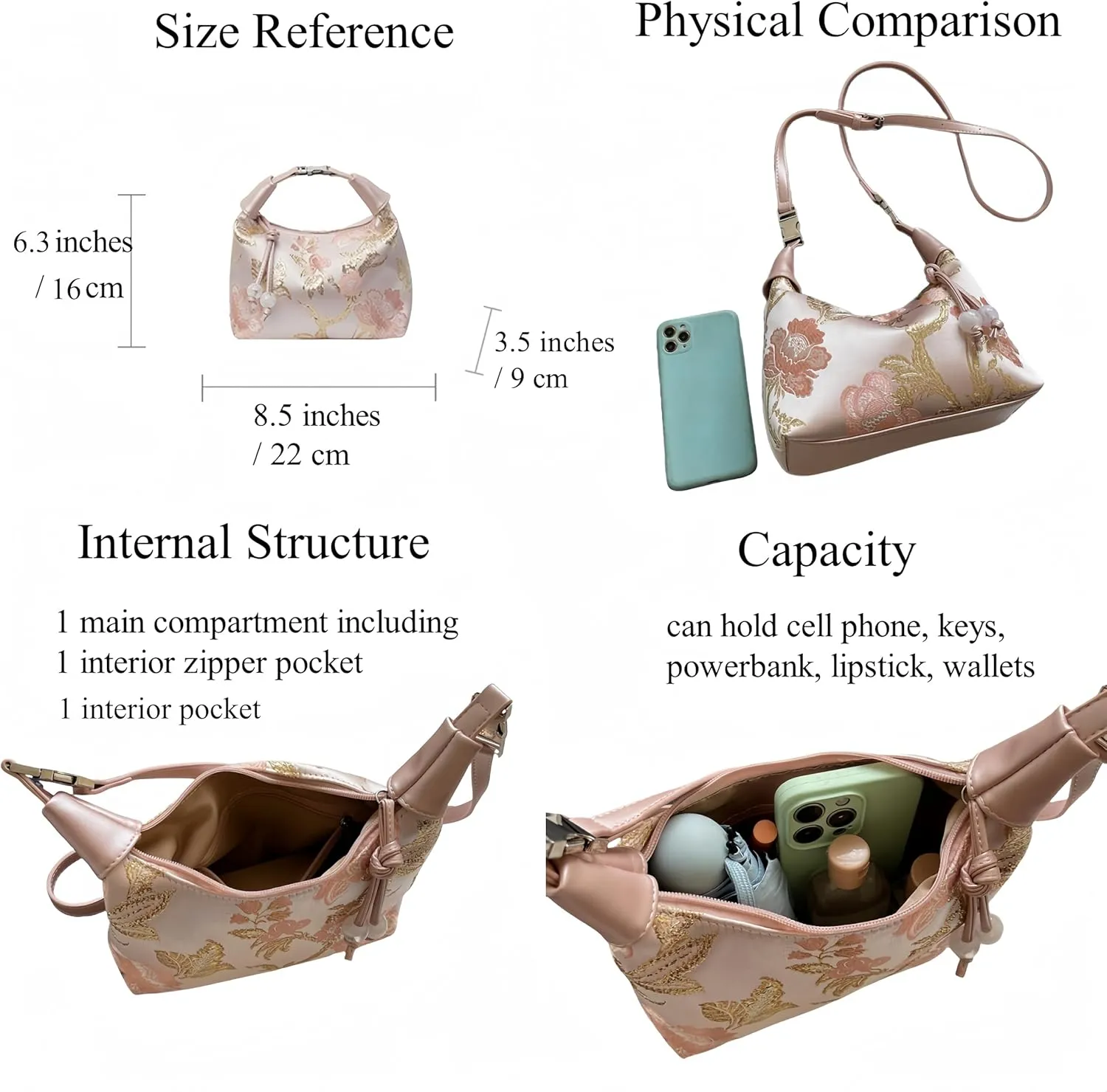 Crescent Crossbody Shoulder Bag, Tote Handbag for Women, Sling Hobo Purse with Chain Strap