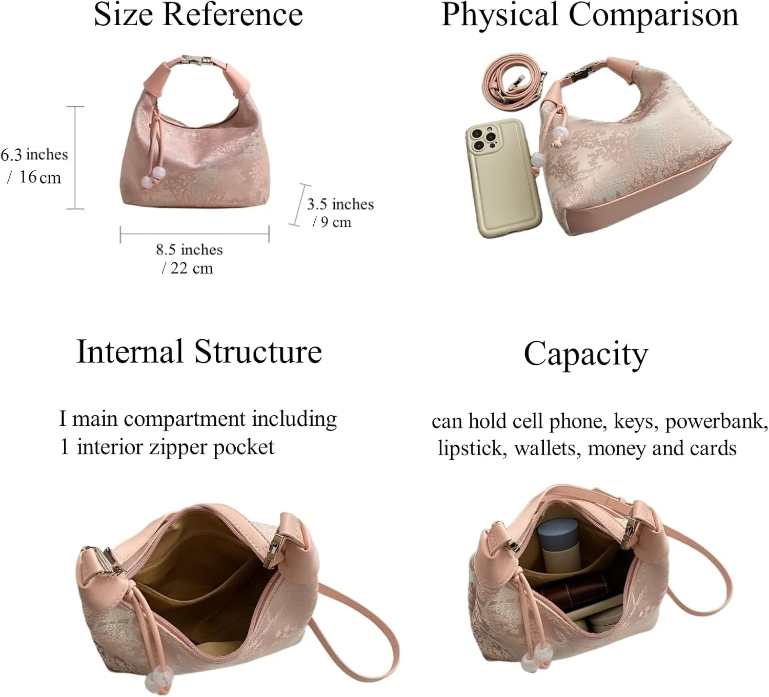 Crescent Crossbody Shoulder Bag, Tote Handbag for Women, Sling Hobo Purse with Chain Strap