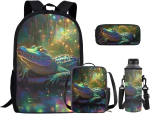Crocodile School Backpack for Boys Kids Bookbags 4-in-1 Elementary School Bags for Boys Backpacks Ages 10-12 with Lunch Box Pencil Case Bottle Sleeve Lightweight Daypack for Hiking