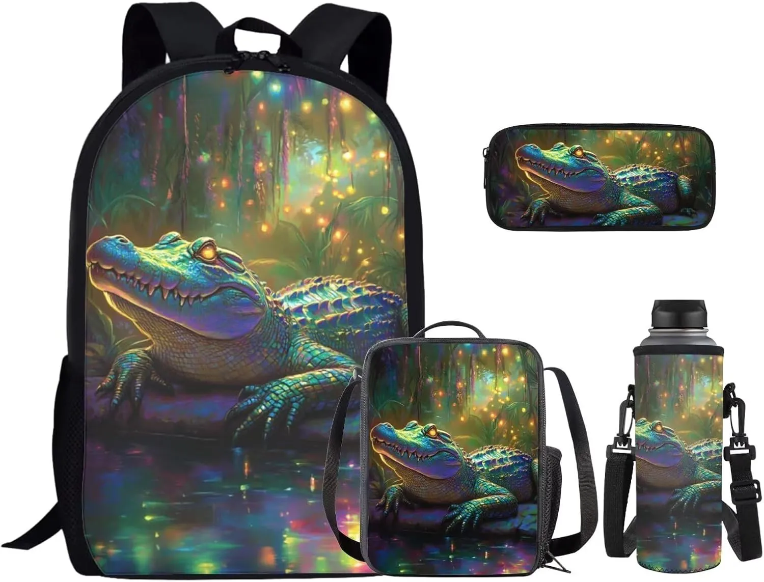 Crocodile School Backpack for Boys Kids Bookbags 4-in-1 Elementary School Bags for Boys Backpacks Ages 10-12 with Lunch Box Pencil Case Bottle Sleeve Lightweight Daypack for Hiking