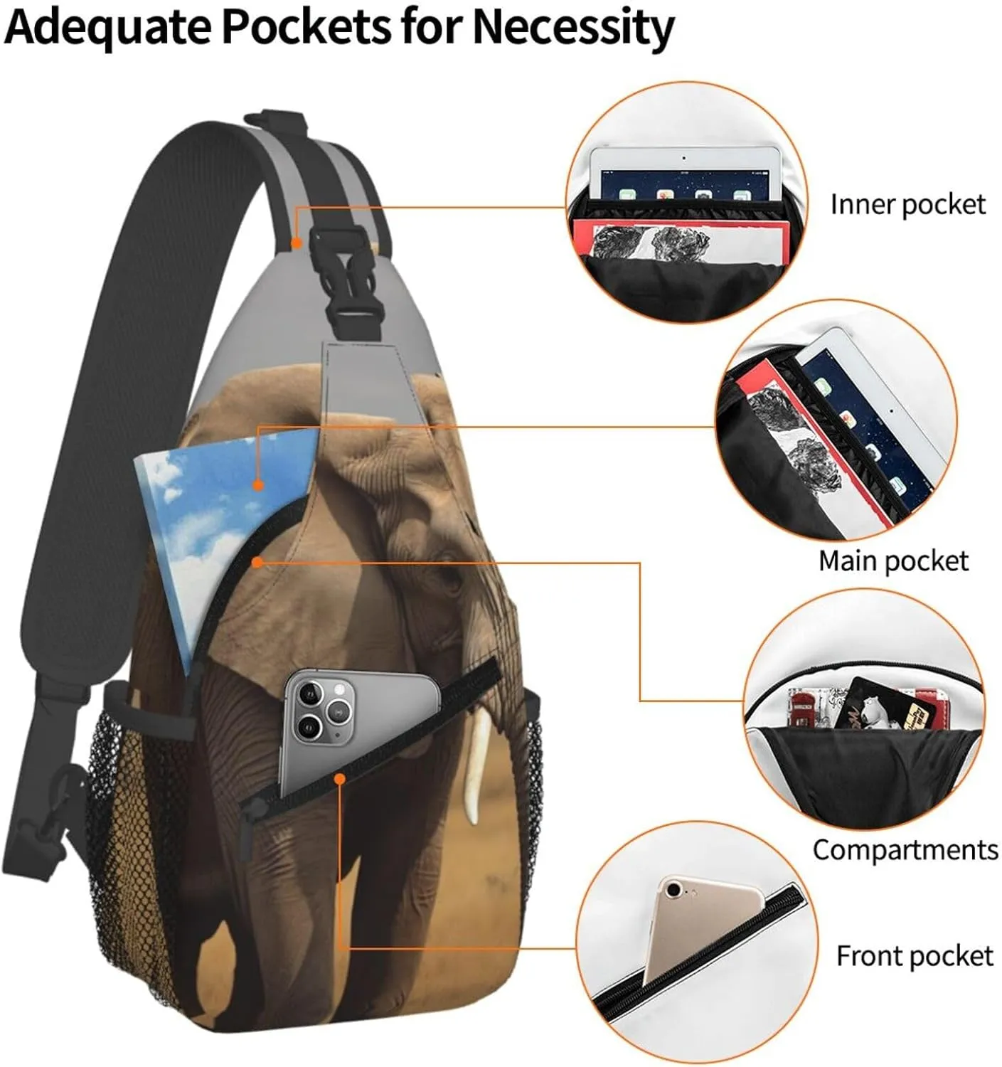 Cross Chest Bag Sling Backpack African Animal Elephant Sling Bag Crossbody Shoulder Bag Travel Hiking Daypack