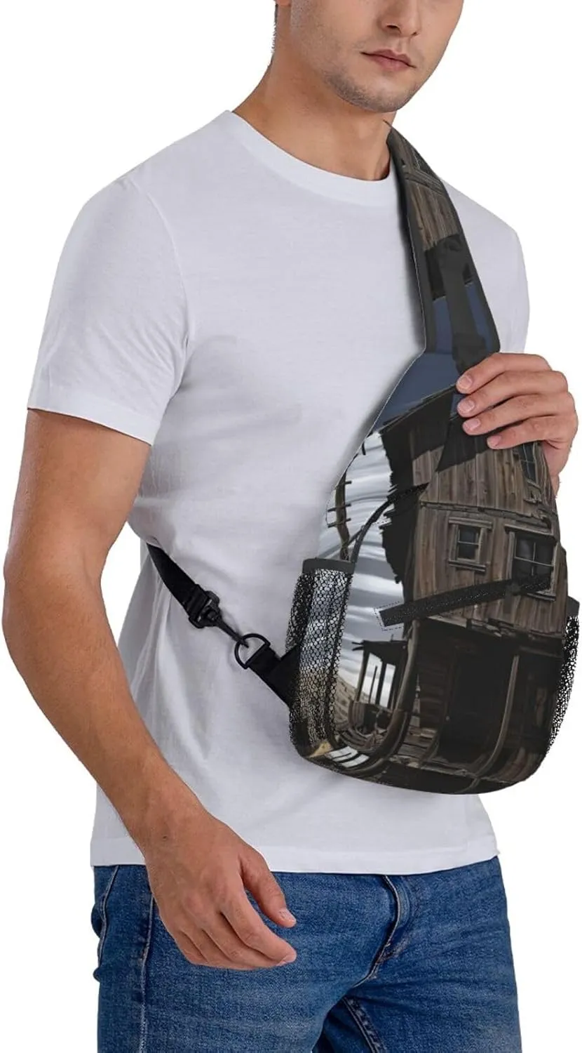 Cross Chest Bag Sling Backpack Old Building Up by a Wooden Post Sling Bag Crossbody Shoulder Bag Travel Hiking Daypack