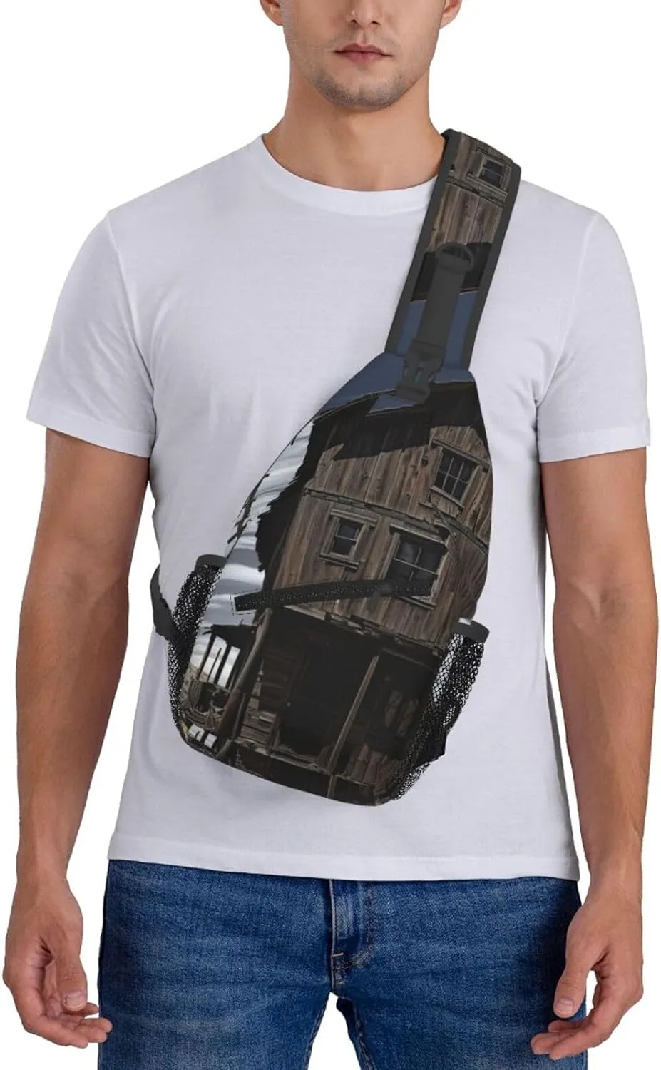 Cross Chest Bag Sling Backpack Old Building Up by a Wooden Post Sling Bag Crossbody Shoulder Bag Travel Hiking Daypack