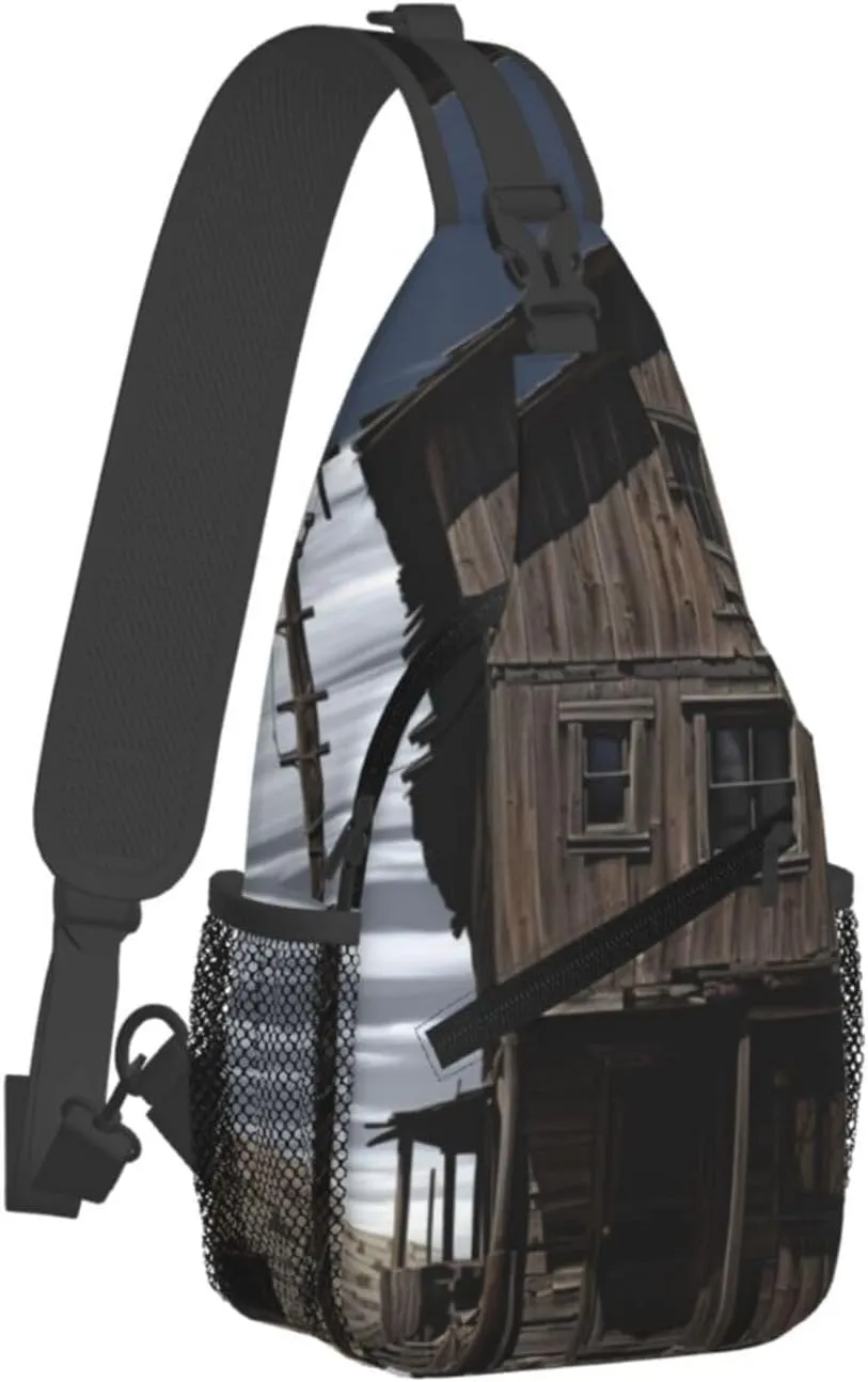 Cross Chest Bag Sling Backpack Old Building Up by a Wooden Post Sling Bag Crossbody Shoulder Bag Travel Hiking Daypack