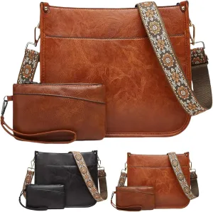 Crossbody Bags for Women Trendy 2PCS/Set with Adjustable Guitar Strap Leather Hobo Handbag Wallet Set Shoulder Purse