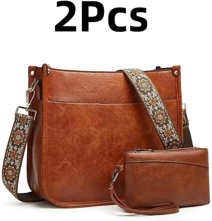 Crossbody Bags for Women Trendy 2PCS/Set with Adjustable Guitar Strap Leather Hobo Handbag Wallet Set Shoulder Purse
