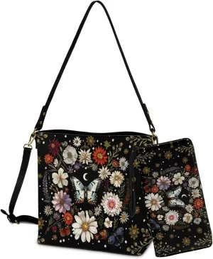 Crossbody Hobo Bag with Wallet Set for Women, 2 Pcs Bucket Purse Set Large Bucket Handbag with Adjustable Strap