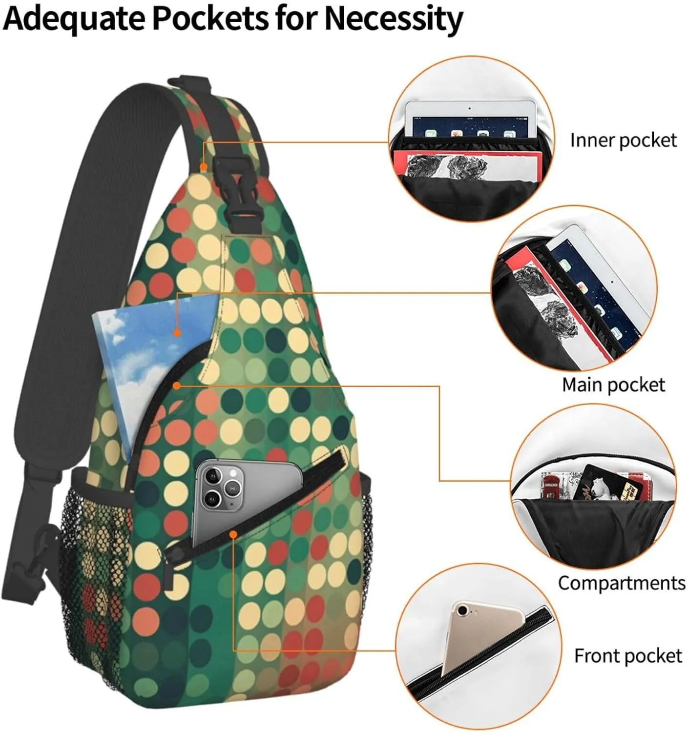 Crossbody Sling Backpack Sling Bag For Men Women Cross Chest Bag Shoulder Bag Flat Style Polka Dots Travel Hiking Daypack