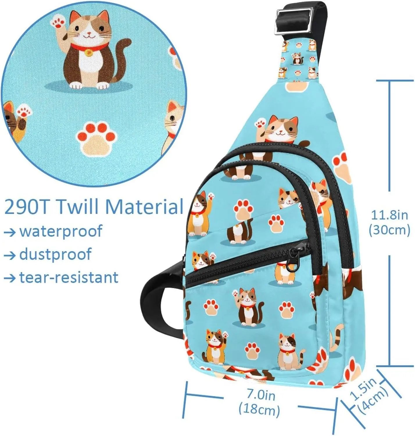Crossbody Sling Backpack Sling Bag for Women Men, Cartoon Lucky Cat Fanny Packs Chest Bag for Running Hiking